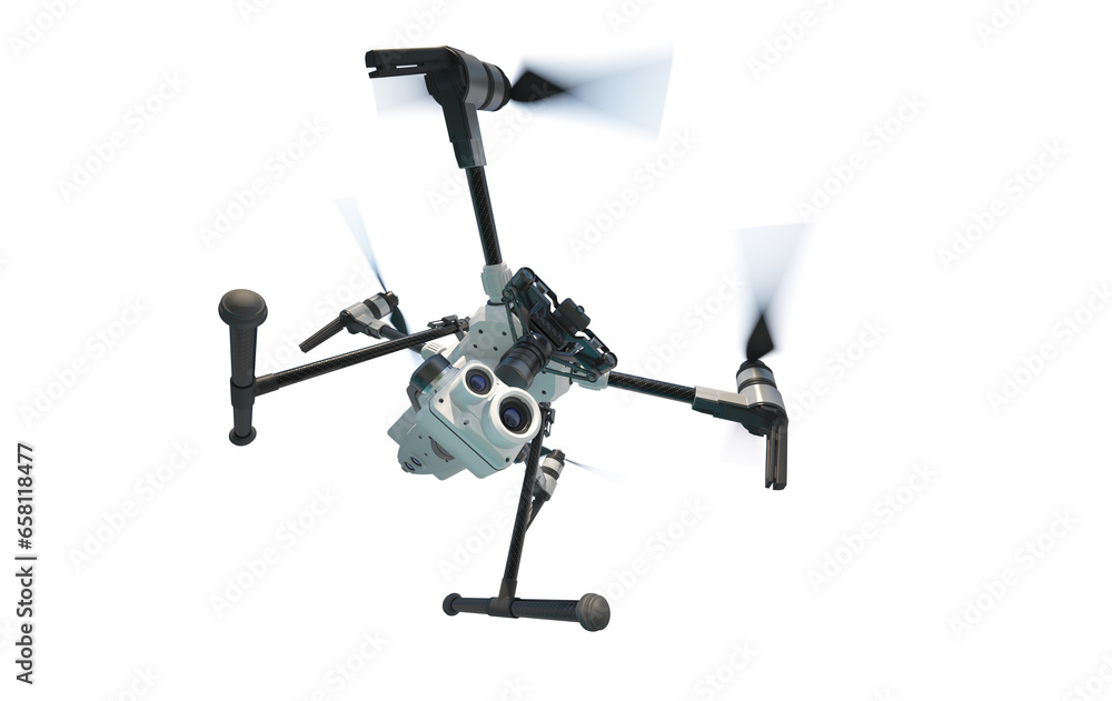 A modern aerial drone (quadcopter) with remote control, flying with an action camera. 3d illustration. Isolated on white background A modern aerial drone (quadcopter) with remote control, flying with an action camera. 3d illustration. Isolated on white background