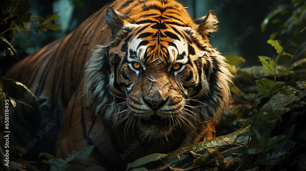 Close-Up Portrait A Strong Hunting Bengal Tiger Selective Focus Background Close-Up Portrait A Strong Hunting Bengal Tiger Selective Focus Background