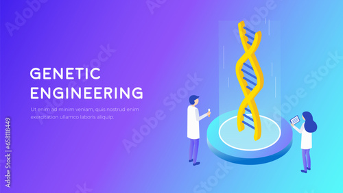 Genetic engineering technology concept. Science character study the structure of dna. Nanotechnology, biochemistry, human genome iso vector.  Molecular biology future illustration.
