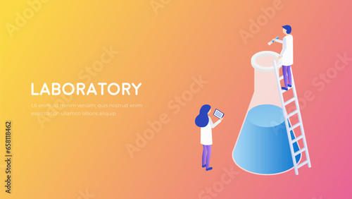 Laboratory technology concept. Scientific research future vector. Lab staff 3d isometrics. 