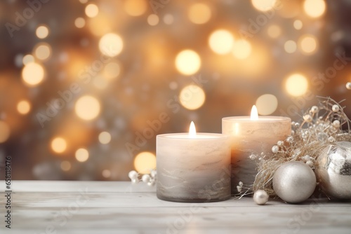 Cozy atmospheric blurred warm background for Christmas with candles and bokeh