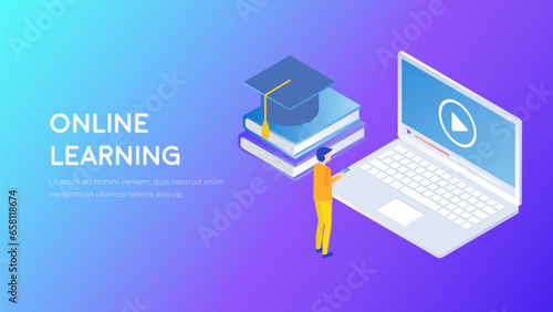 Online learning technology concept. Online education future isometry. E-learning 3d illustration.
