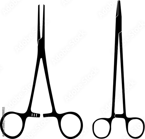 Surgical hemostatic clamp and needle holder. Medical surgical tools. Medical icons, symbols. Isolated on white background. Vector illustration.