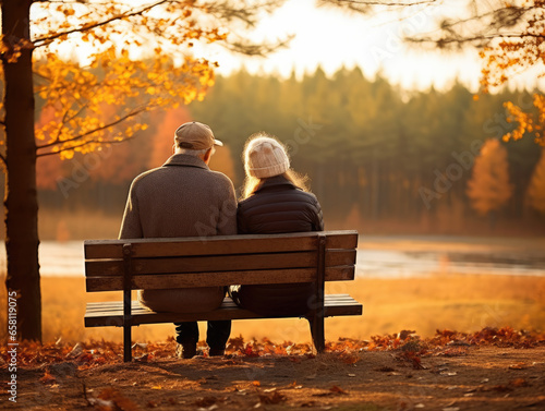 happy elderly couple sitting on a bench in autumn park