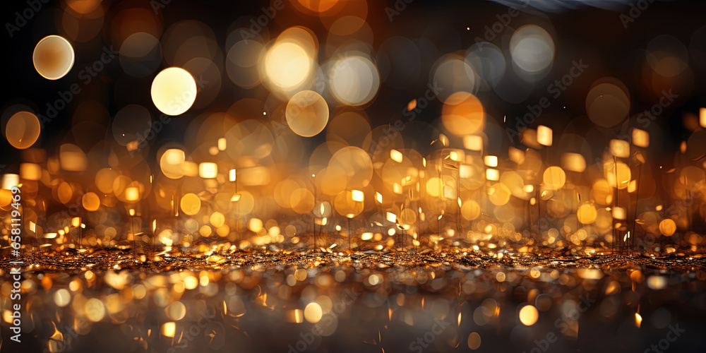 Defocused Macro Sparks Fall and Sparkle in Ray of Light Gold Glitter Background