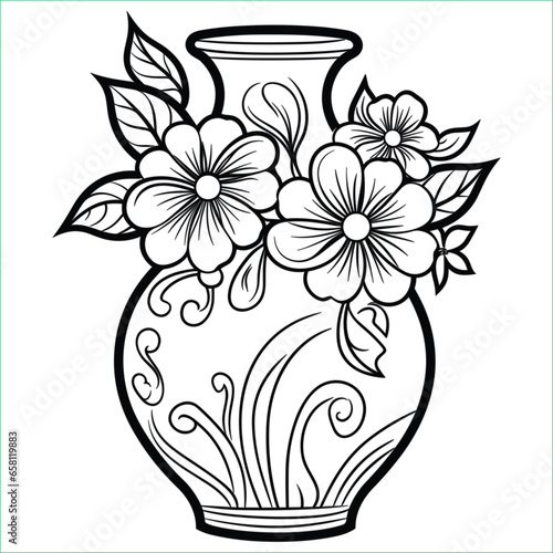 Flower vase coloring book pages for kids