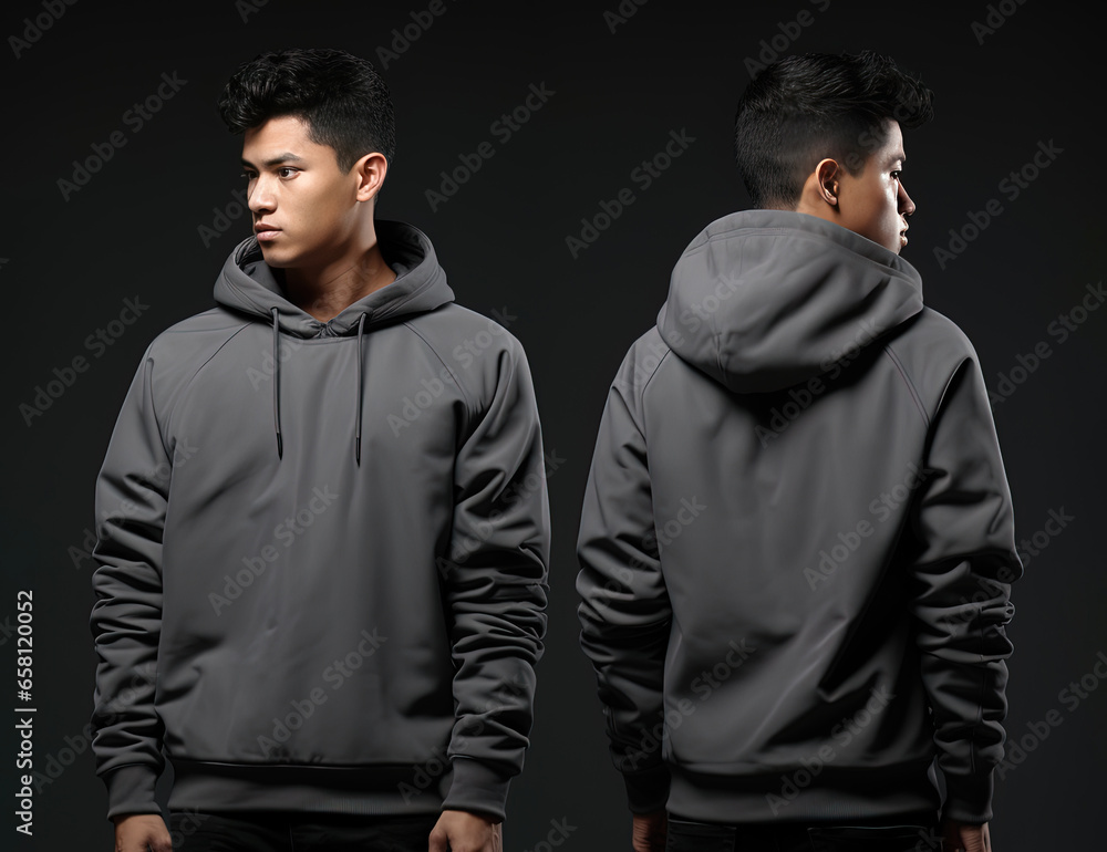 Front and back view of a grey hoodie mockup for design print