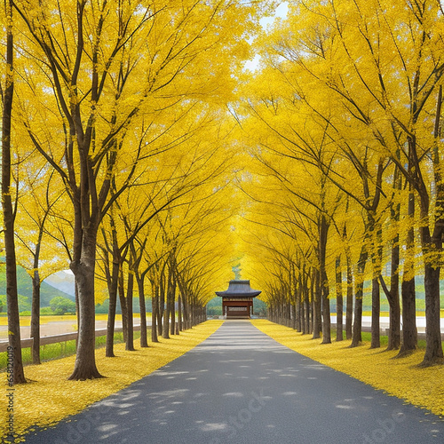 Row of yellow ginkgo trees  photo
