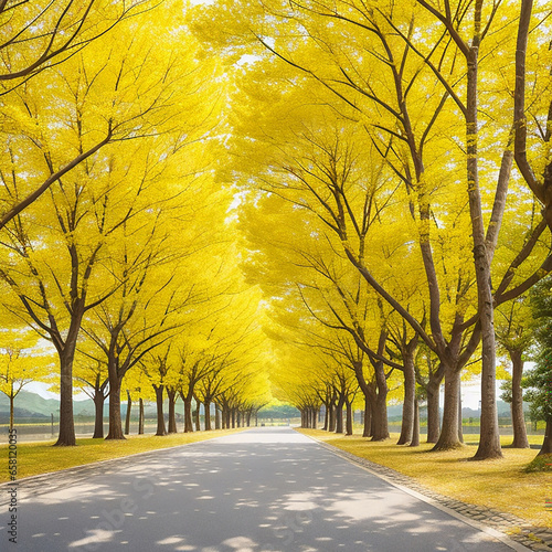 Row of yellow ginkgo trees 