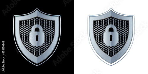 Metallic reflective shield with keyhole in frontal view. Cyber security and defence with an iconic shield and padlock symbol isolated on black and white background. Vector.