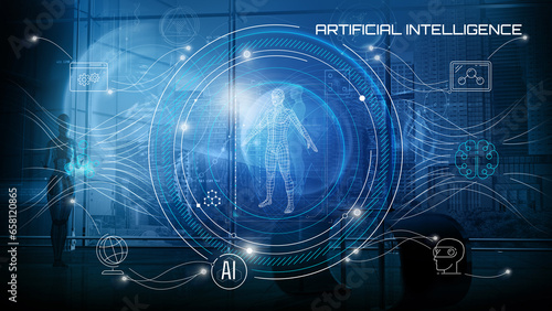 Artificial intelligence concept with digital human hologram.