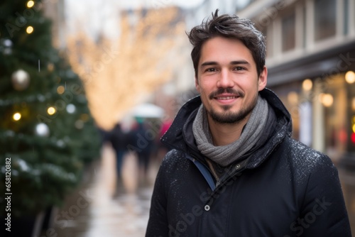 Portrait of a handsome young man in winter coat and scarf on the street