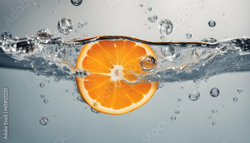 Fototapeta Naklejka Na Ścianę i Meble -  slice of orange in the water with bubbles