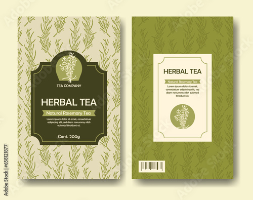 Herb tea label package with nature, organic rosemary. Vintage craft botanical doodle herbal sketch