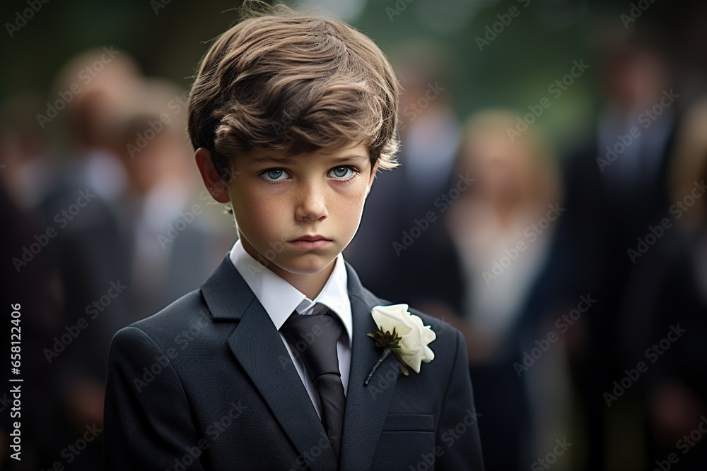 Portrait of a boy in a black suit with a funeral bouquet of flowers - obrazy, fototapety, plakaty 