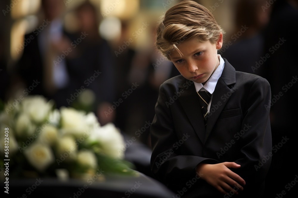 Portrait of a boy in a black suit with a funeral bouquet of flowers - obrazy, fototapety, plakaty 