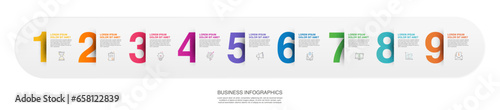Timeline infographic design with numbers. Infographics for business concepts with nine options. Used for info graph, process diagram, presentations workflow layout, banner, diagram, annual report.