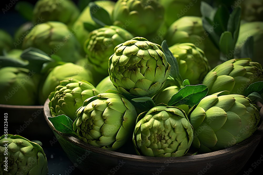 Fototapeta premium Artichokes in a basket at the farmers market