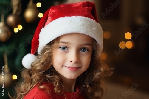 Portrait of beautiful little girl in santa hat over christmas background