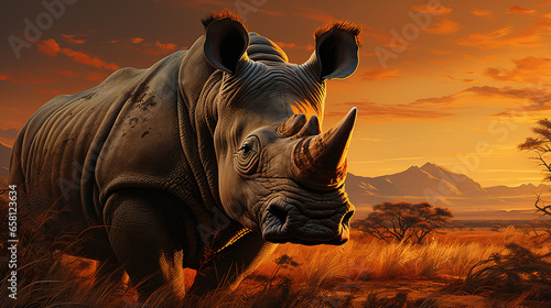 Fototapeta Naklejka Na Ścianę i Meble -  Strong Big Rhinoceros Stand Alone in Jungle at Sunset Golden Hour Selective Focus Background