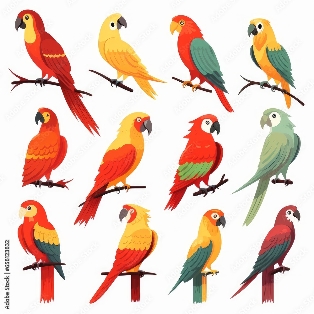 Fototapeta premium Flat design vector parrots icon set. Popular parrots species collection. Exotic parrots set in flat design. Vector illustration