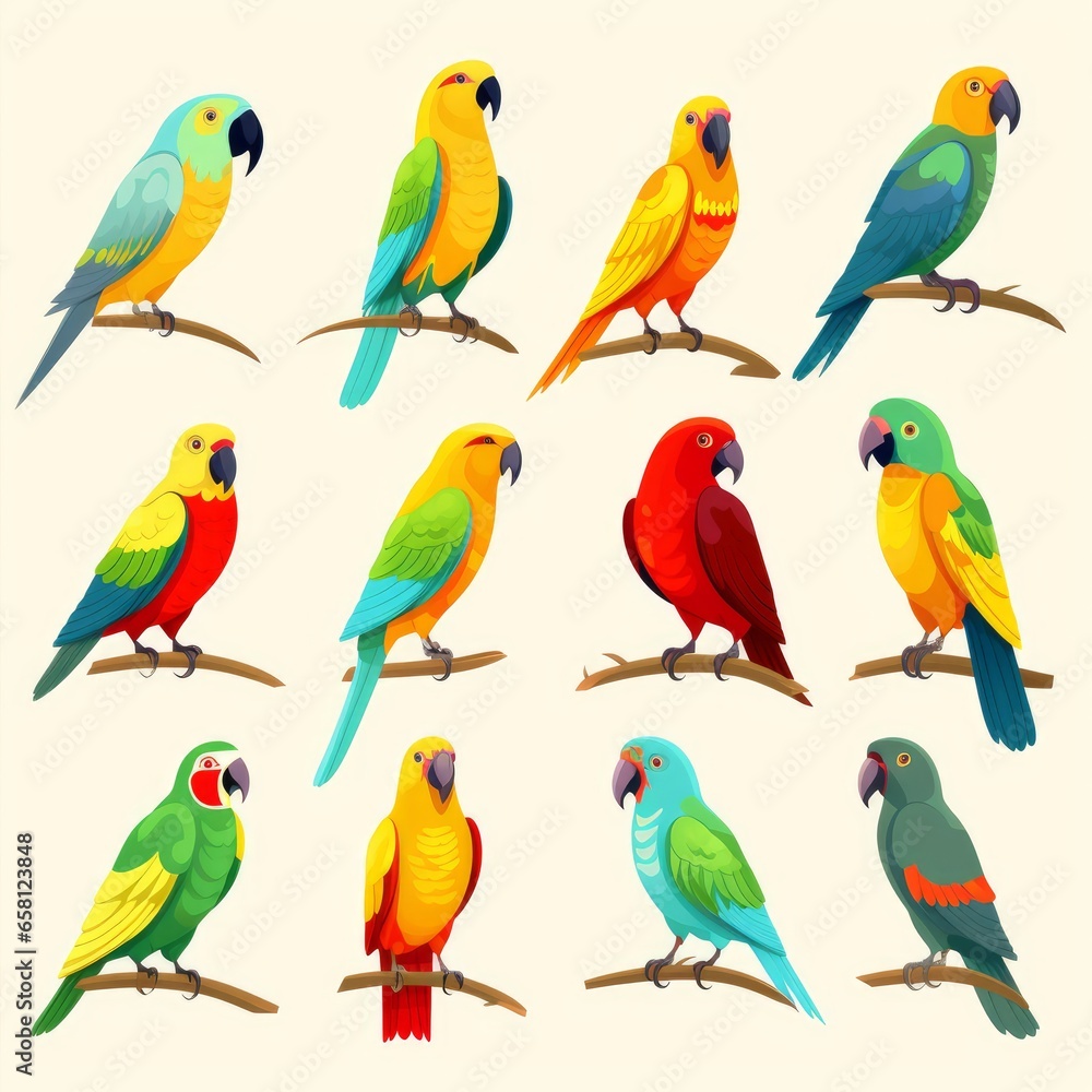 Obraz premium Flat design vector parrots icon set. Popular parrots species collection. Exotic parrots set in flat design. Vector illustration