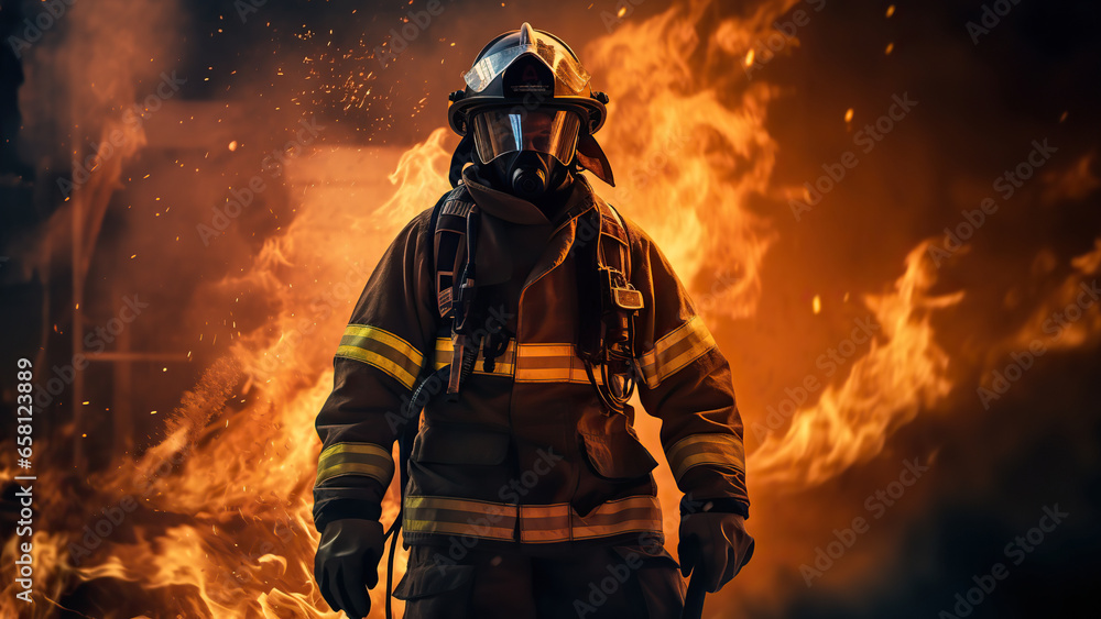 Portrait of a firefighter against a background of flames and fire. Portrait of a firefighter against a background of flames and fire.