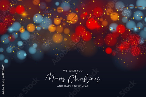 Christmas background with Christmas light ornaments. Abstract bokeh light illustration background.