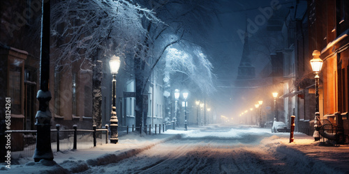 a city street covered with snow at christmas night © xartproduction