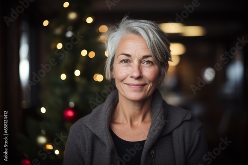 Portrait of smiling senior woman with christmas tree in the background
