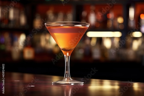 Orange Martini drink on a Wooden Bar with blurred background