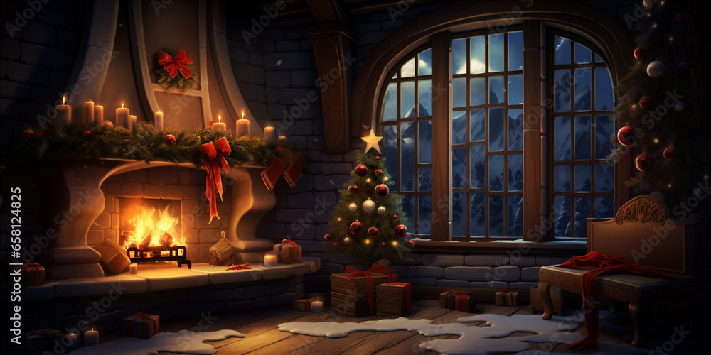 Fototapeta premium christmas night scene with fireplace in secluded