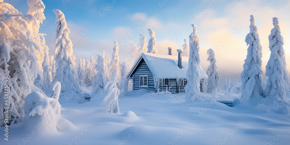 small cabin is covered in snow during the christmas
