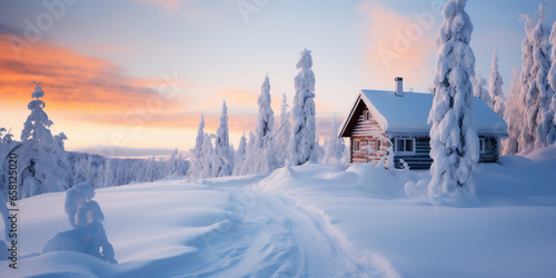 small cabin is covered in snow during the christmas © xartproduction