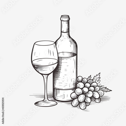 Wine bottle and wine glass clip art, monochrome toning