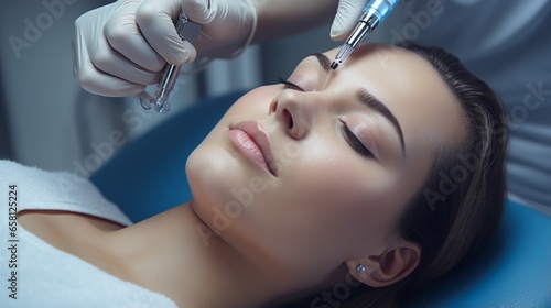 Cryosurgery. A young woman is lying on a couch in the doctor's office. Painless tissue treatment with cryogenic precision photo