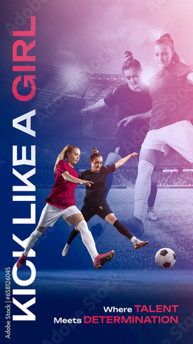 Motivation and ambitions. Female soccer players in motion, young girls dribbling ball. Football match ad. Concept of professional sport, competition, game, event. Poster, advertisement