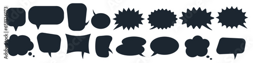 Black speech bubbles. Blank chat balloons in various shapes. Comic cloud bubble silhouette, empty dialog balloon, outline conversation message icon. Vector EPS 10