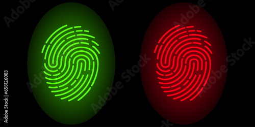 Neon fingerprints on a black background. Personal identification. Green and red imprint. Fingerprint lock and unlock. Stock vector EPS 10