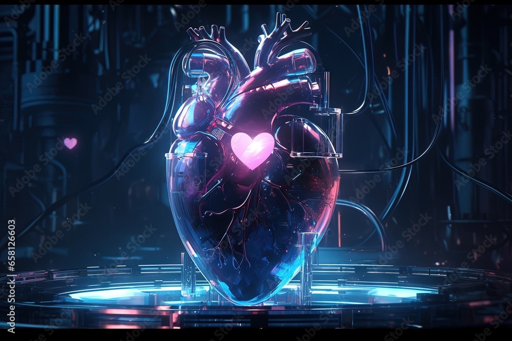 Futuristic metal heart in cyber laboratory