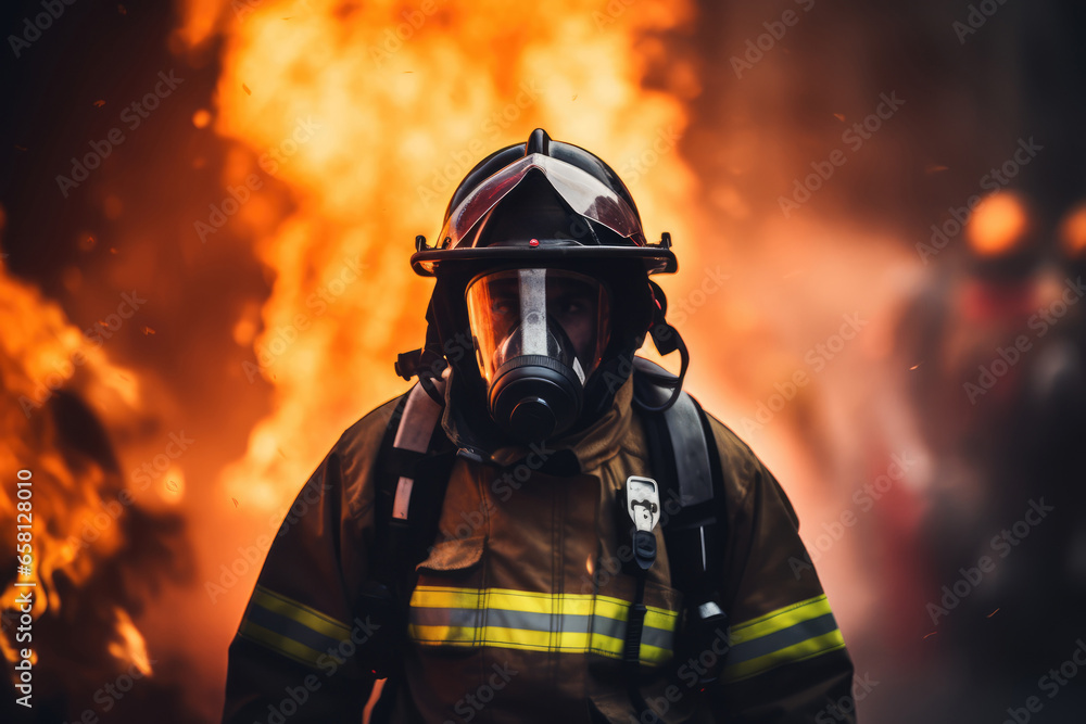 Firefighter in gear against a backdrop of flames - Bravery in action - AI Generated