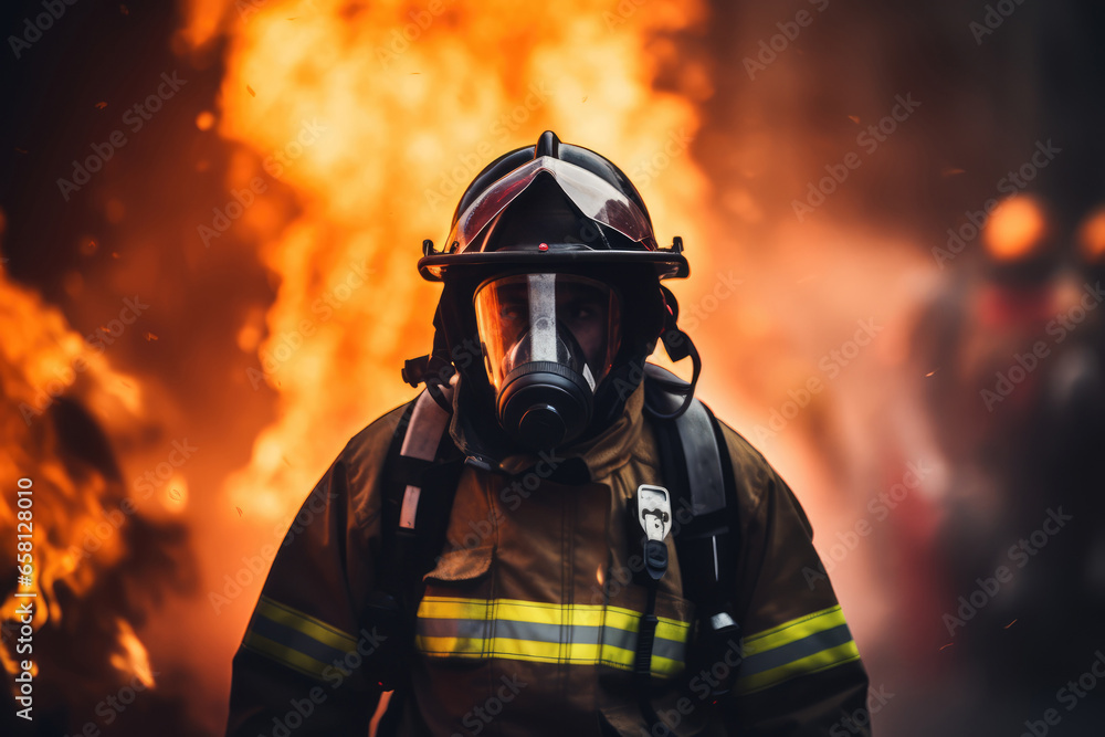 Firefighter in gear against a backdrop of flames - Bravery in action - AI Generated Firefighter in gear against a backdrop of flames - Bravery in action - AI Generated