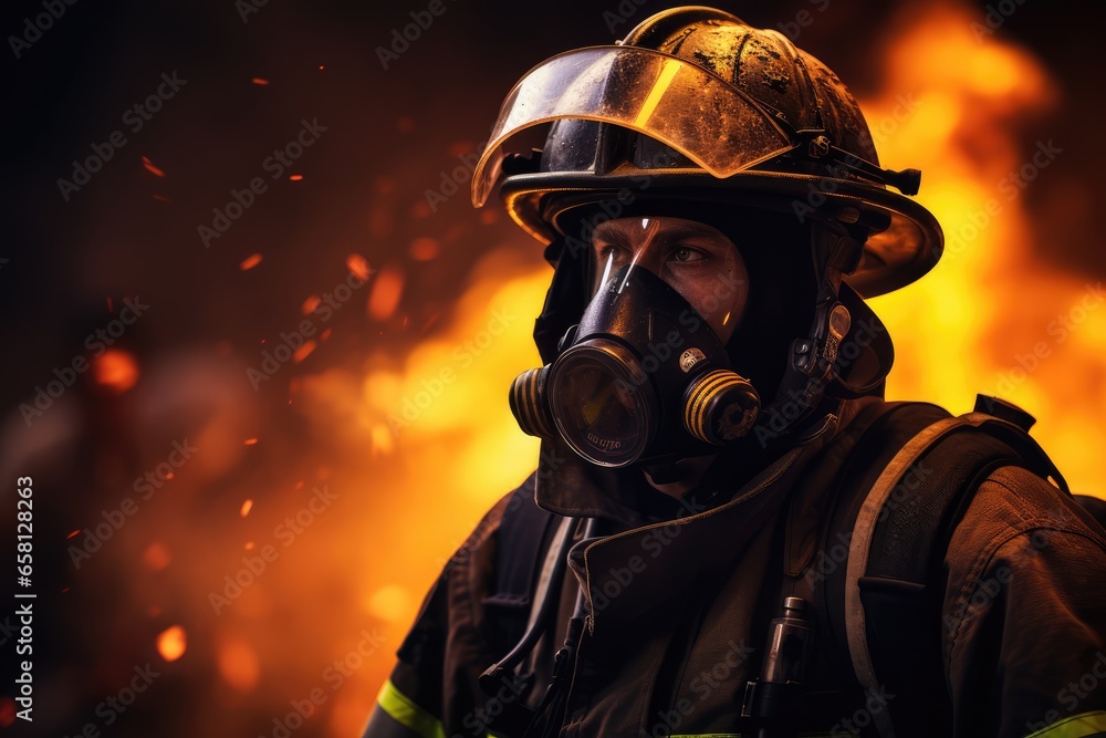 Firefighter in gear against a backdrop of flames - Bravery in action - AI Generated Firefighter in gear against a backdrop of flames - Bravery in action - AI Generated