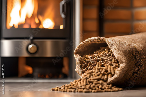 Close-up of quality wood pellets, modern stove, eco-friendly home heating. Generative AI photo