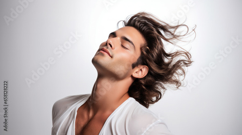 Cosmetic Advertising: Handsome Man with Wind-Blown Wavy Brown Hair