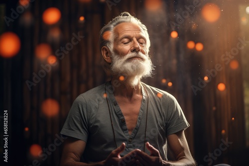 Elderly man practicing pranayama on a quiet morning - Wisdom in every breath - AI Generated