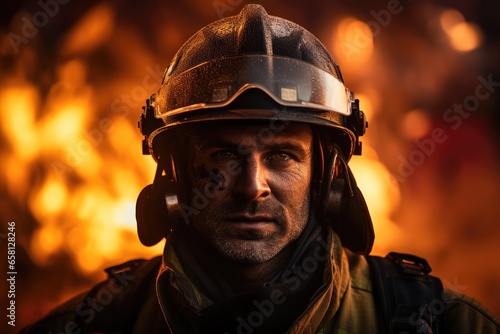 Firefighter in gear against a backdrop of flames - Bravery in action - AI Generated © Arthur