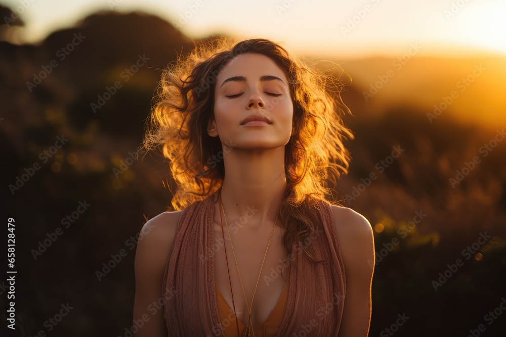 Young woman practicing deep breathing exercises at sunrise - Breath and balance - AI Generated - obrazy, fototapety, plakaty 