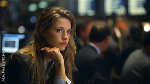 Tense Female Banker Examining Stocks and Investments