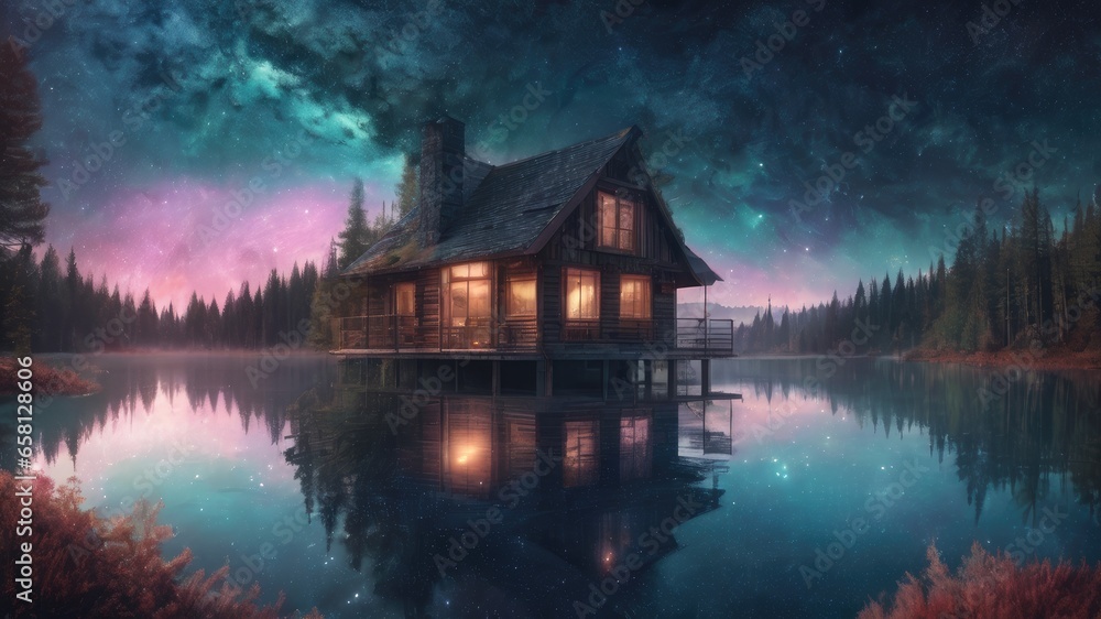 house on the lake created by AI. house on the lake created by AI.
